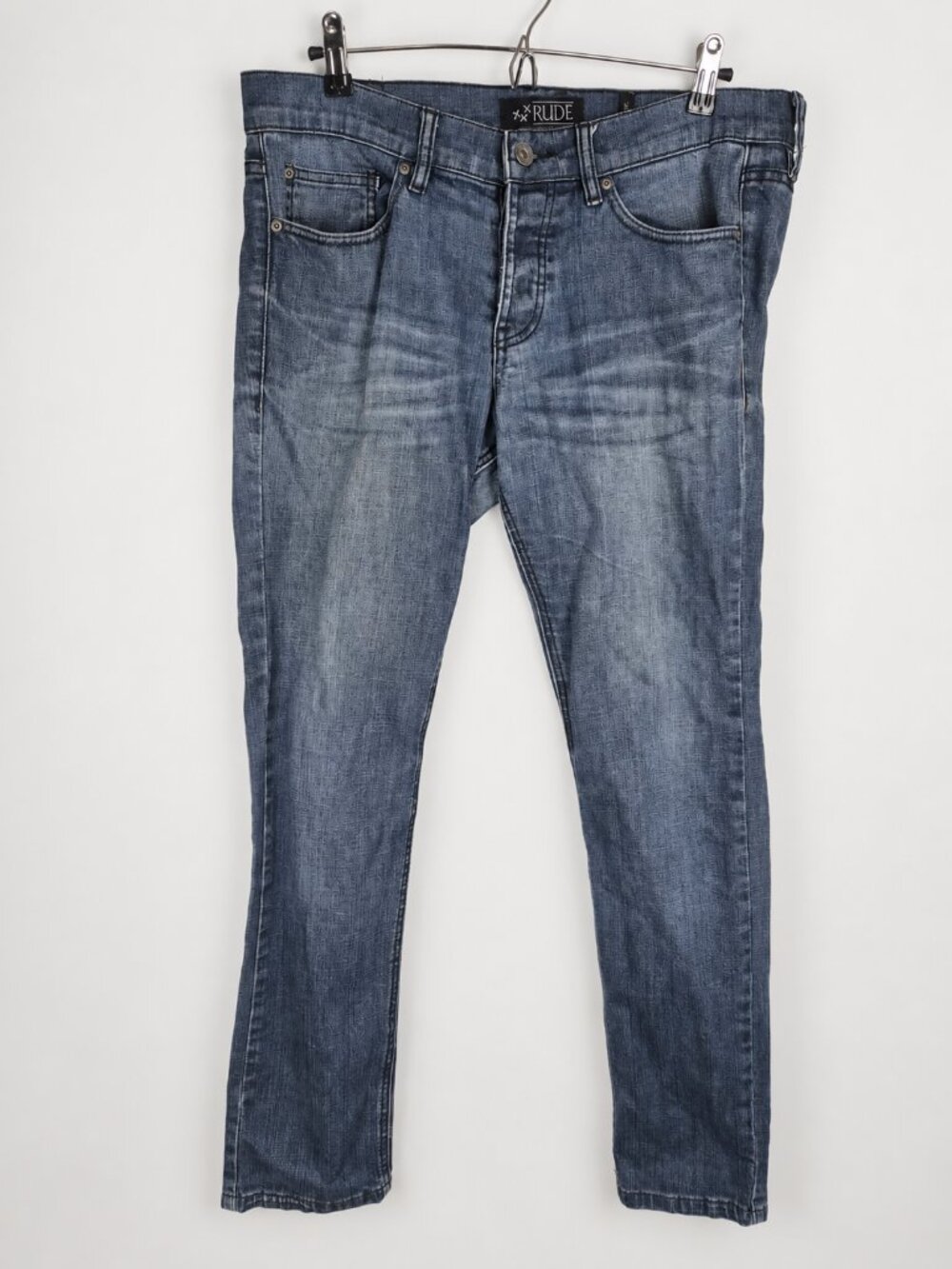 RUDE XXX Skinny Button Fly Jeans Blue Faded Wash Y2K Emo Punk Mall Goth 32x32